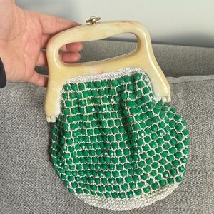 Vintage Green Beaded Handbag with Cream Handle
